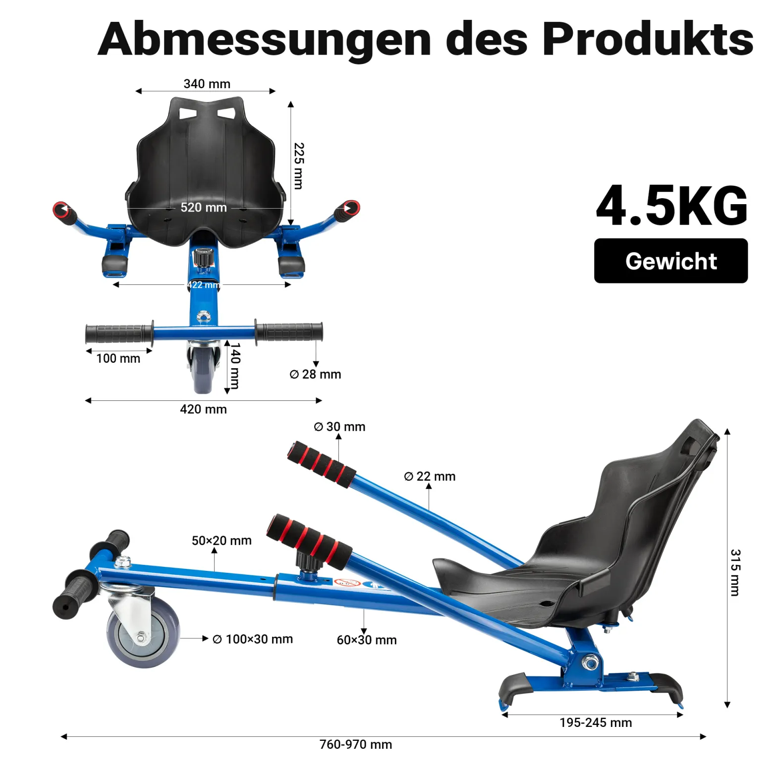 Wiltec Sitzscooter Blau, verstellbarer Kartsitz für Elektroscooter bis 120 kg, Sitzscooter kompatibel mit Hoverboards, ergonomischer Sitz