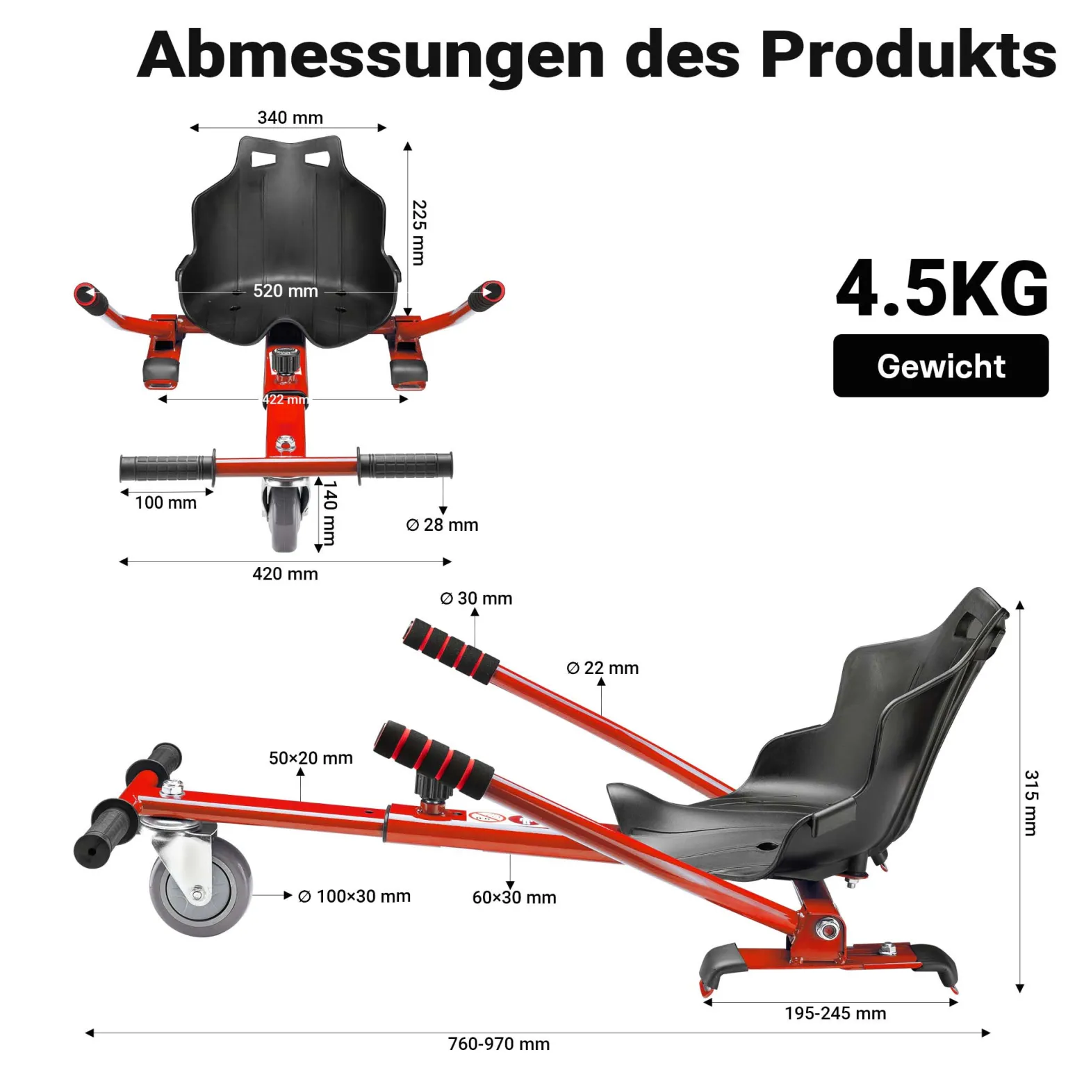 Wiltec Sitzscooter Rot, verstellbarer Kartsitz für Elektroscooter bis 120 kg, Sitzscooter kompatibel mit Hoverboards, ergonomischer Sitz