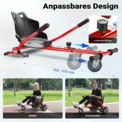 Wiltec Sitzscooter Rot, verstellbarer Kartsitz für Elektroscooter bis 120 kg, Sitzscooter kompatibel mit Hoverboards, ergonomischer Sitz