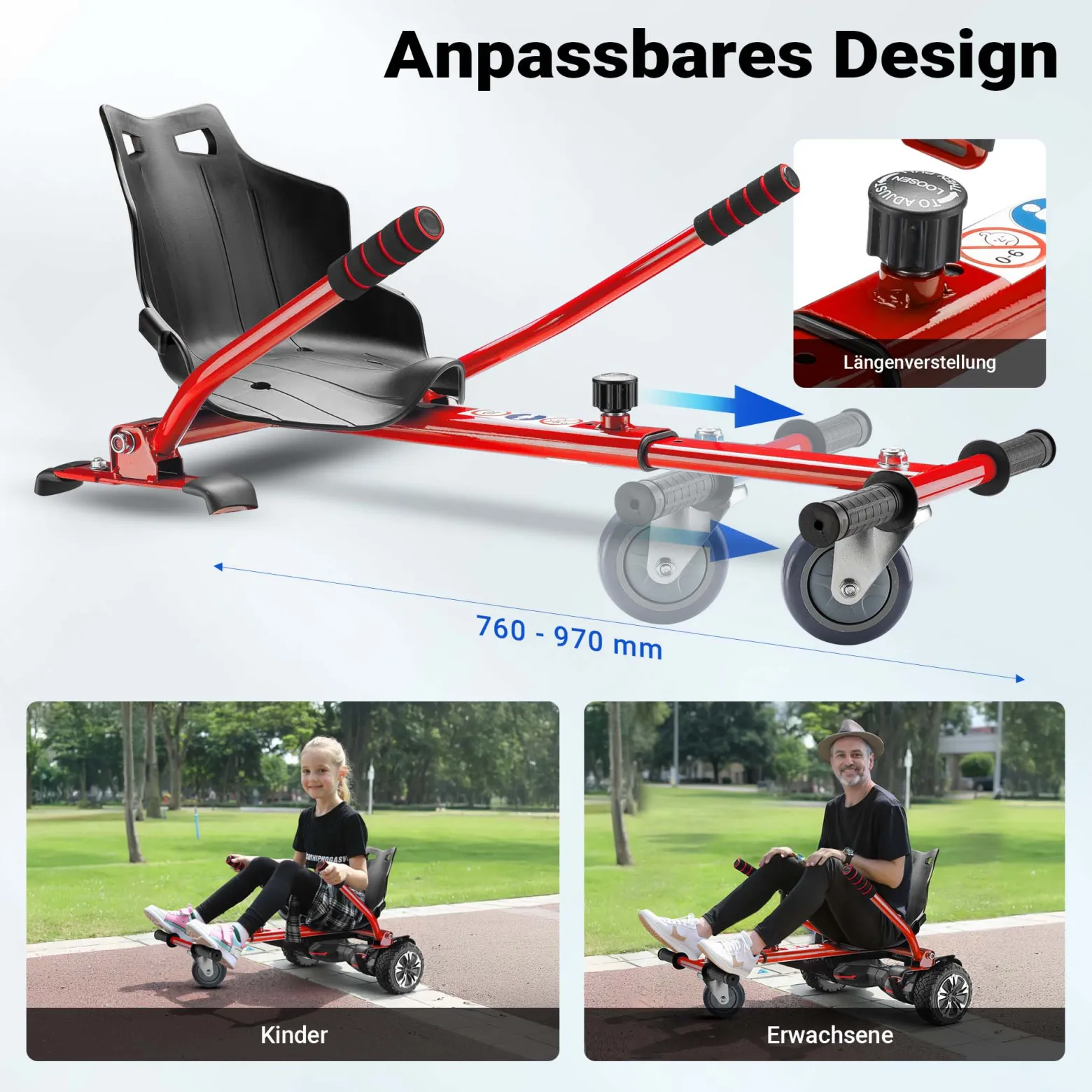 Wiltec Sitzscooter Rot, verstellbarer Kartsitz für Elektroscooter bis 120 kg, Sitzscooter kompatibel mit Hoverboards, ergonomischer Sitz