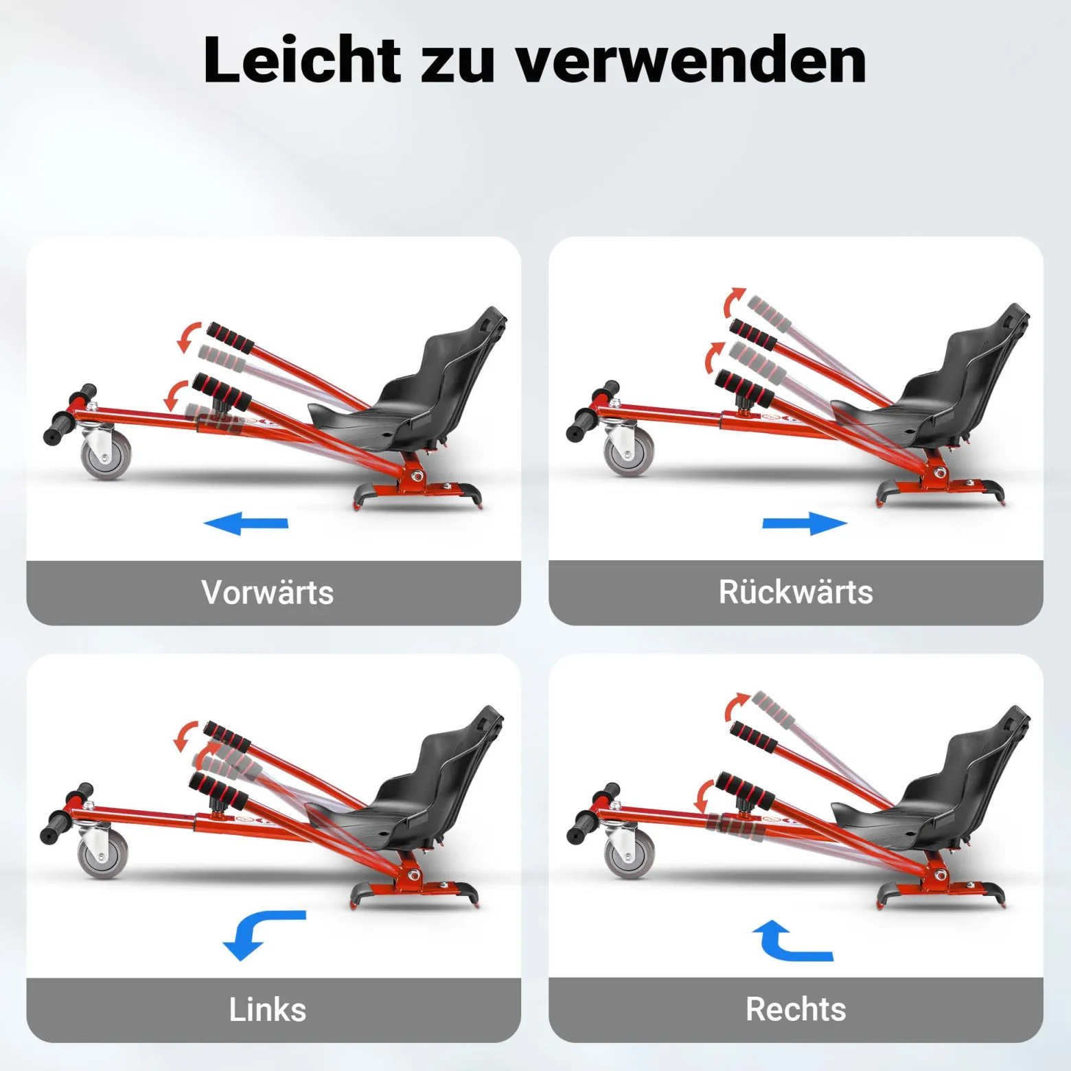 Wiltec Sitzscooter Rot, verstellbarer Kartsitz für Elektroscooter bis 120 kg, Sitzscooter kompatibel mit Hoverboards, ergonomischer Sitz