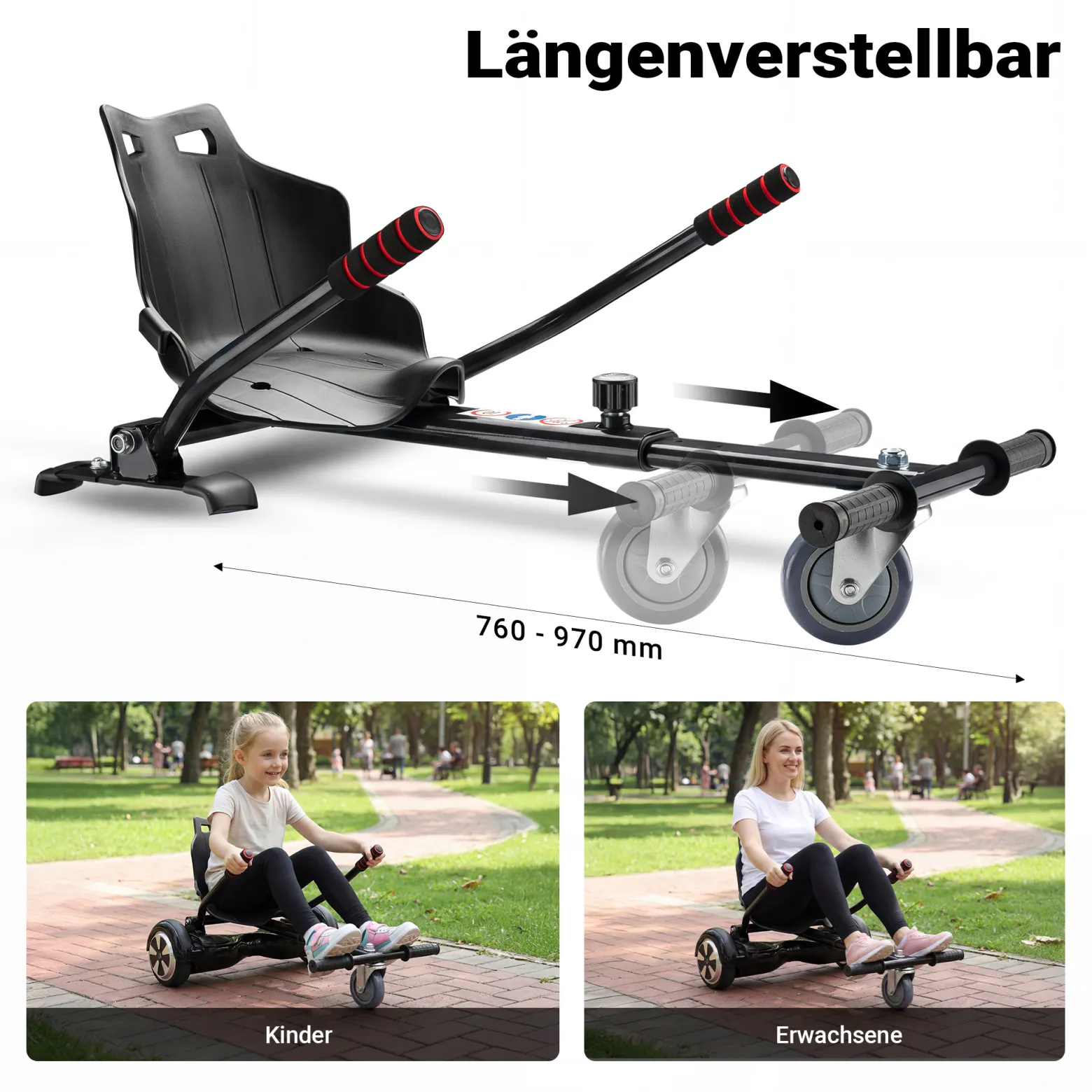 Wiltec Sitzscooter Schwarz, verstellbarer Kartsitz für Elektroscooter bis 120 kg, Sitzscooter kompatibel mit Hoverboards, ergonomischer Sitz