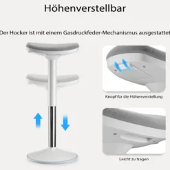 Wiltec Sitz- & Stehhocker grau, Drehhocker höhenverstellbar bis 82 cm, Polsterhocker bis 135 kg, moderner Hocker drehbar für Büro und Homeoffice