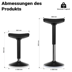 Wiltec Sitz- & Stehhocker schwarz, Drehhocker höhenverstellbar bis 82 cm, Polsterhocker bis 135 kg, moderner Hocker drehbar für Büro und Homeoffice