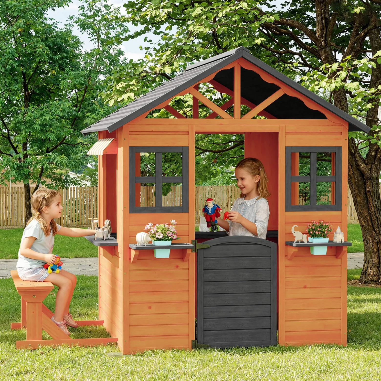 Wiltec Spielhaus für Kinder 178 x 126 x 158 cm aus Tannenholz, Kinderspielhaus für Outdoor, Gartenspielhaus mit Sitzbank und Blumentöpfe