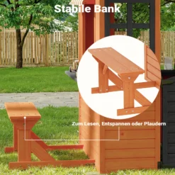 Wiltec Spielhaus für Kinder 178 x 126 x 158 cm aus Tannenholz, Kinderspielhaus für Outdoor, Gartenspielhaus mit Sitzbank und Blumentöpfe
