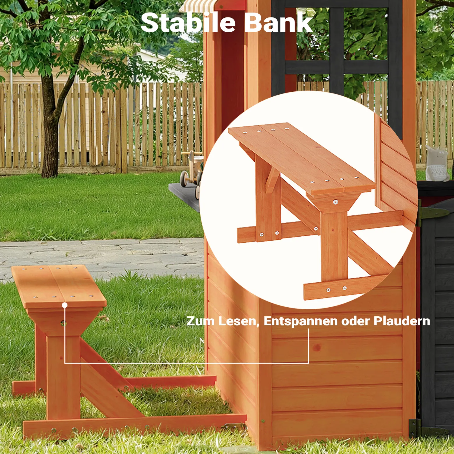 Wiltec Spielhaus für Kinder 178 x 126 x 158 cm aus Tannenholz, Kinderspielhaus für Outdoor, Gartenspielhaus mit Sitzbank und Blumentöpfe
