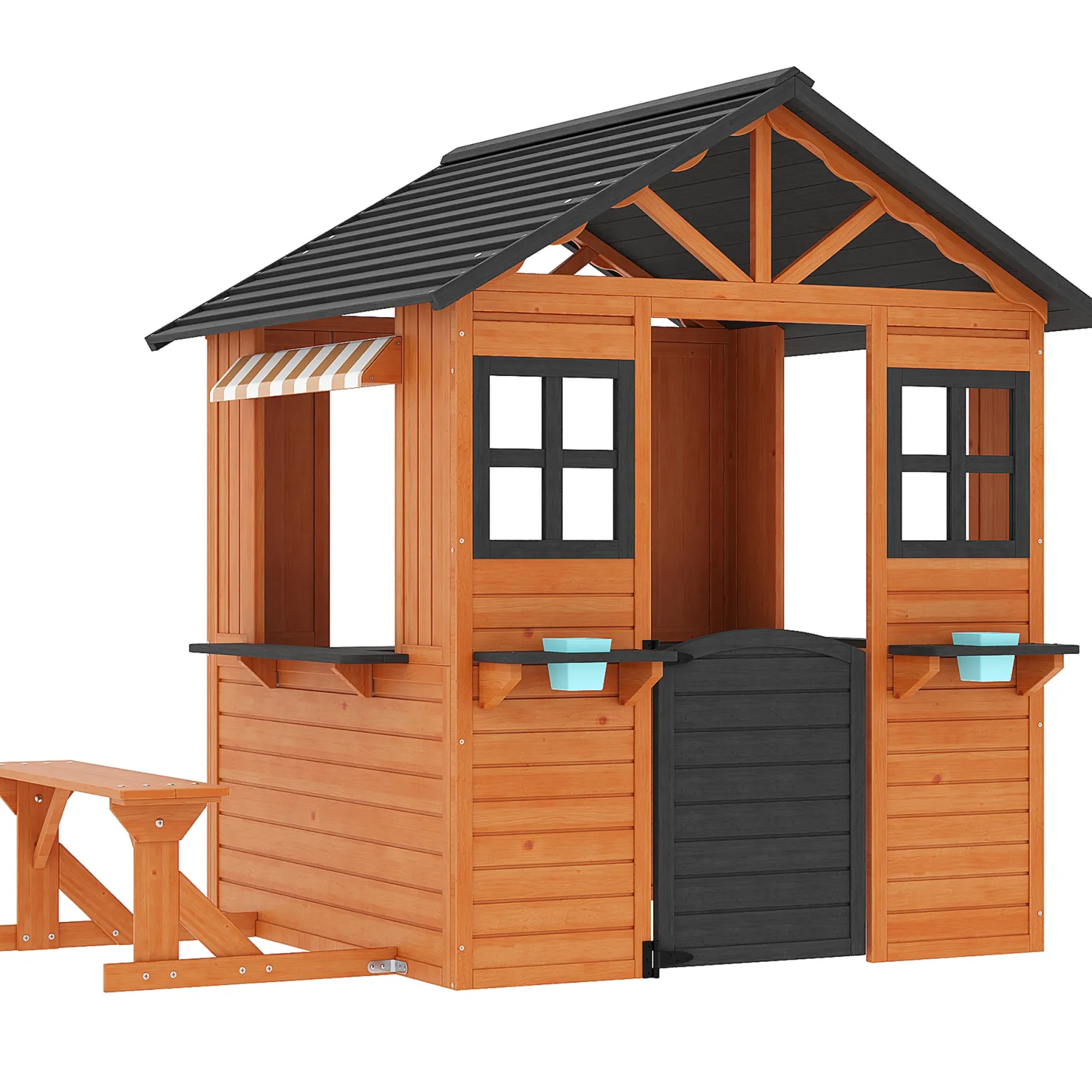 Wiltec Spielhaus für Kinder 178 x 126 x 158 cm aus Tannenholz, Kinderspielhaus für Outdoor, Gartenspielhaus mit Sitzbank und Blumentöpfe