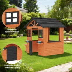 Wiltec Spielhaus für Kinder 178 x 126 x 158 cm aus Tannenholz, Kinderspielhaus für Outdoor, Gartenspielhaus mit Sitzbank und Blumentöpfe