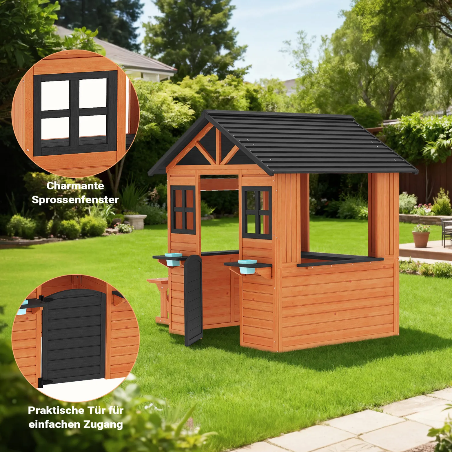 Wiltec Spielhaus für Kinder 178 x 126 x 158 cm aus Tannenholz, Kinderspielhaus für Outdoor, Gartenspielhaus mit Sitzbank und Blumentöpfe