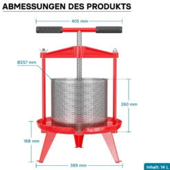 Wiltec Spindelpresse 14 L Obstpresse aus Edelstahl 66x58x47cm, einfach zu reinigen zum Herstellen von Apfelsaft Obstsaft Beerenpresse Weinpresse