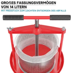 Wiltec Spindelpresse 14 L Obstpresse aus Edelstahl 66x58x47cm, einfach zu reinigen zum Herstellen von Apfelsaft Obstsaft Beerenpresse Weinpresse