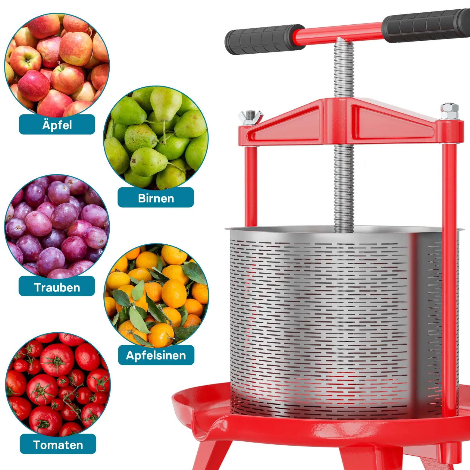 Wiltec Spindelpresse 14 L Obstpresse aus Edelstahl 66x58x47cm, einfach zu reinigen zum Herstellen von Apfelsaft Obstsaft Beerenpresse Weinpresse