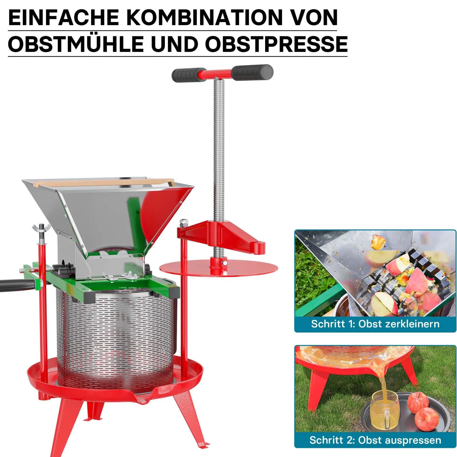 Wiltec Spindelpresse 14 L Obstpresse aus Edelstahl 66x58x47cm, einfach zu reinigen zum Herstellen von Apfelsaft Obstsaft Beerenpresse Weinpresse
