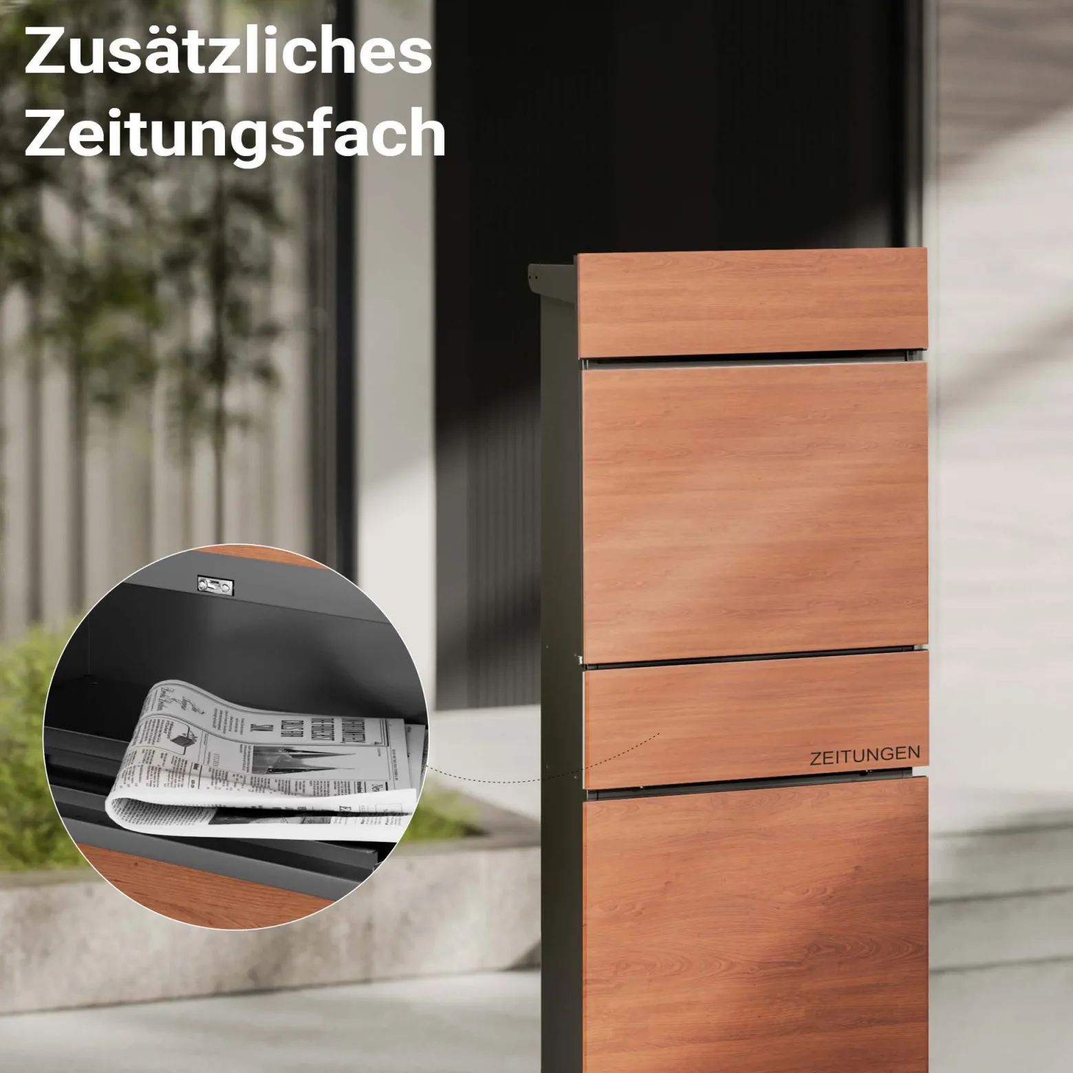 Wiltec Standbriefkasten mit Zeitungsrolle in Holzoptik 395 x 142 x 1150 mm aus Stahl, Briefkasten mit Zeitungsfach, Postkasten mit 2 Schlüssel