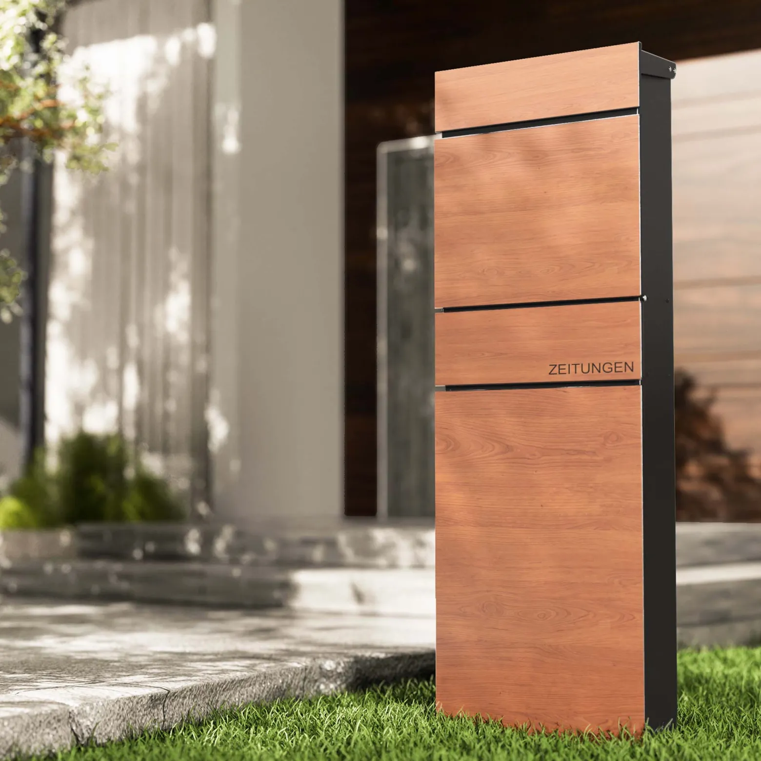 Wiltec Standbriefkasten mit Zeitungsrolle in Holzoptik 395 x 142 x 1150 mm aus Stahl, Briefkasten mit Zeitungsfach, Postkasten mit 2 Schlüssel