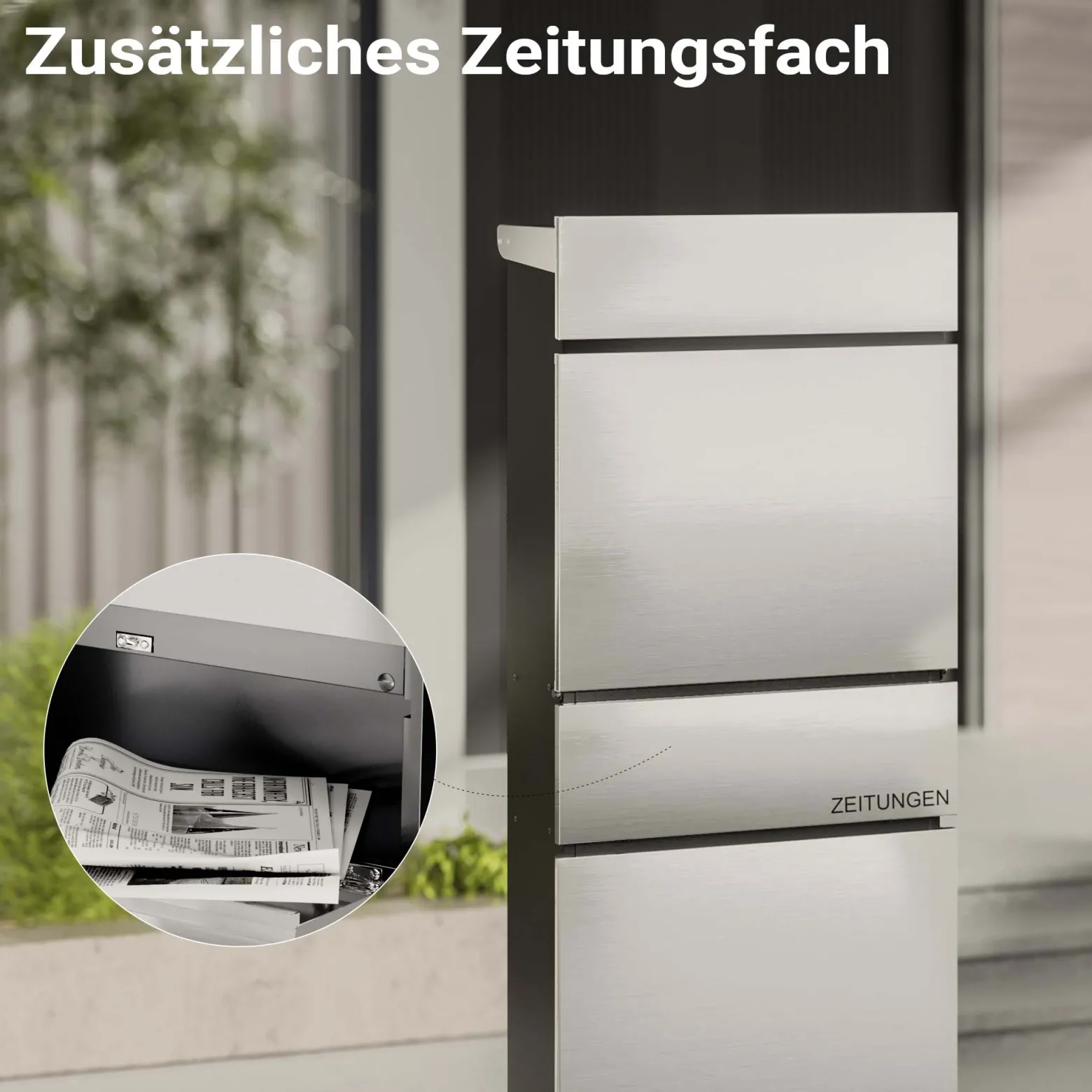 Wiltec Standbriefkasten mit Zeitungsrolle in Silberfarben 395 x 142 x 1150 mm aus Stahl, Briefkasten mit Zeitungsfach, Postkasten mit 2 Schlüssel