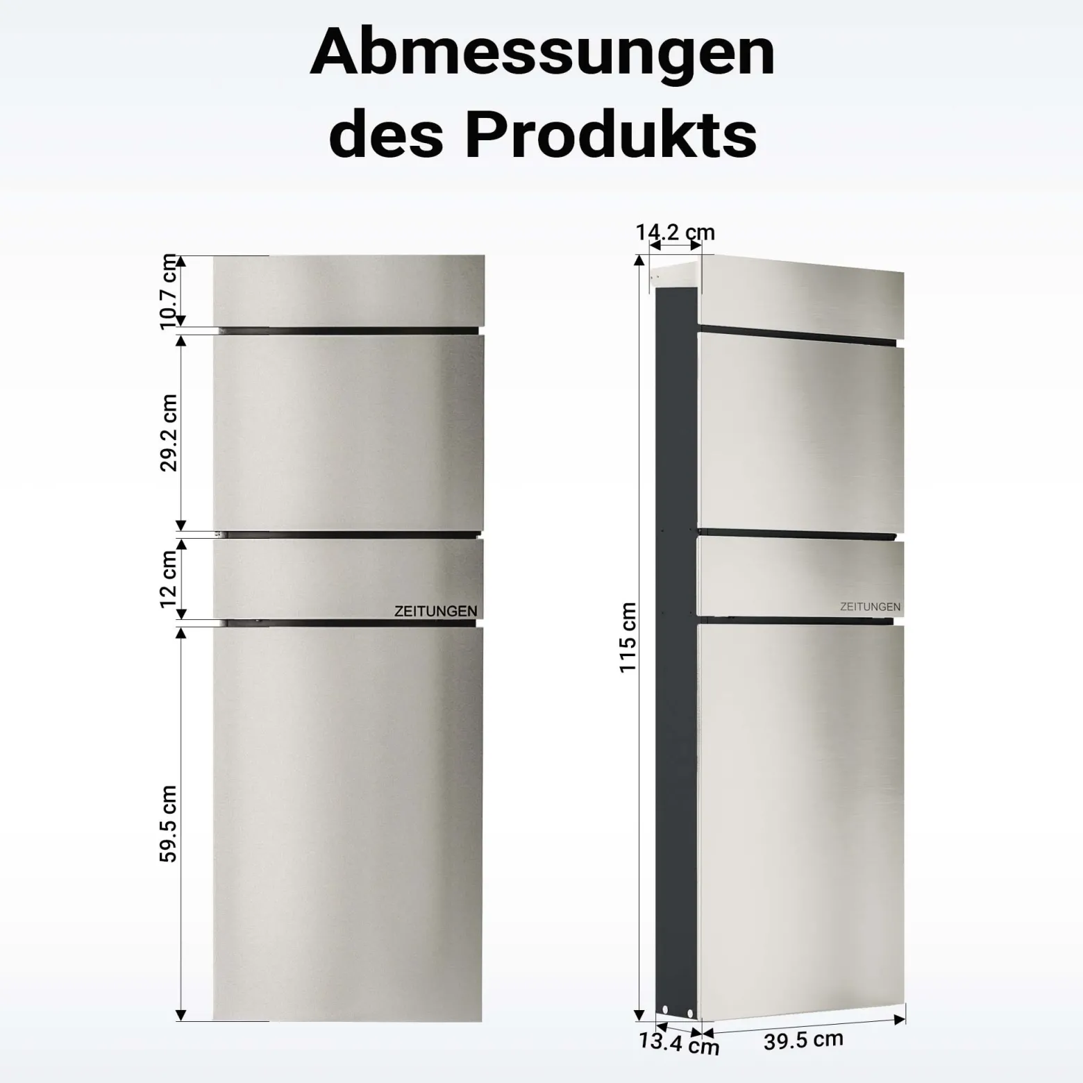 Wiltec Standbriefkasten mit Zeitungsrolle in Silberfarben 395 x 142 x 1150 mm aus Stahl, Briefkasten mit Zeitungsfach, Postkasten mit 2 Schlüssel