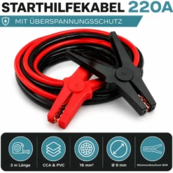 Wiltec Starthilfekabel 220 A 16 mm² 3 m mit Überspannungsschutz für Benzin- u. Dieselmotoren