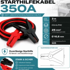 Wiltec Starthilfekabel 350 A 25 mm² 3 m mit Überspannungsschutz für Benzin- u. Dieselmotoren