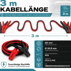 Wiltec Starthilfekabel 350 A 25 mm² 3 m mit Überspannungsschutz für Benzin- u. Dieselmotoren