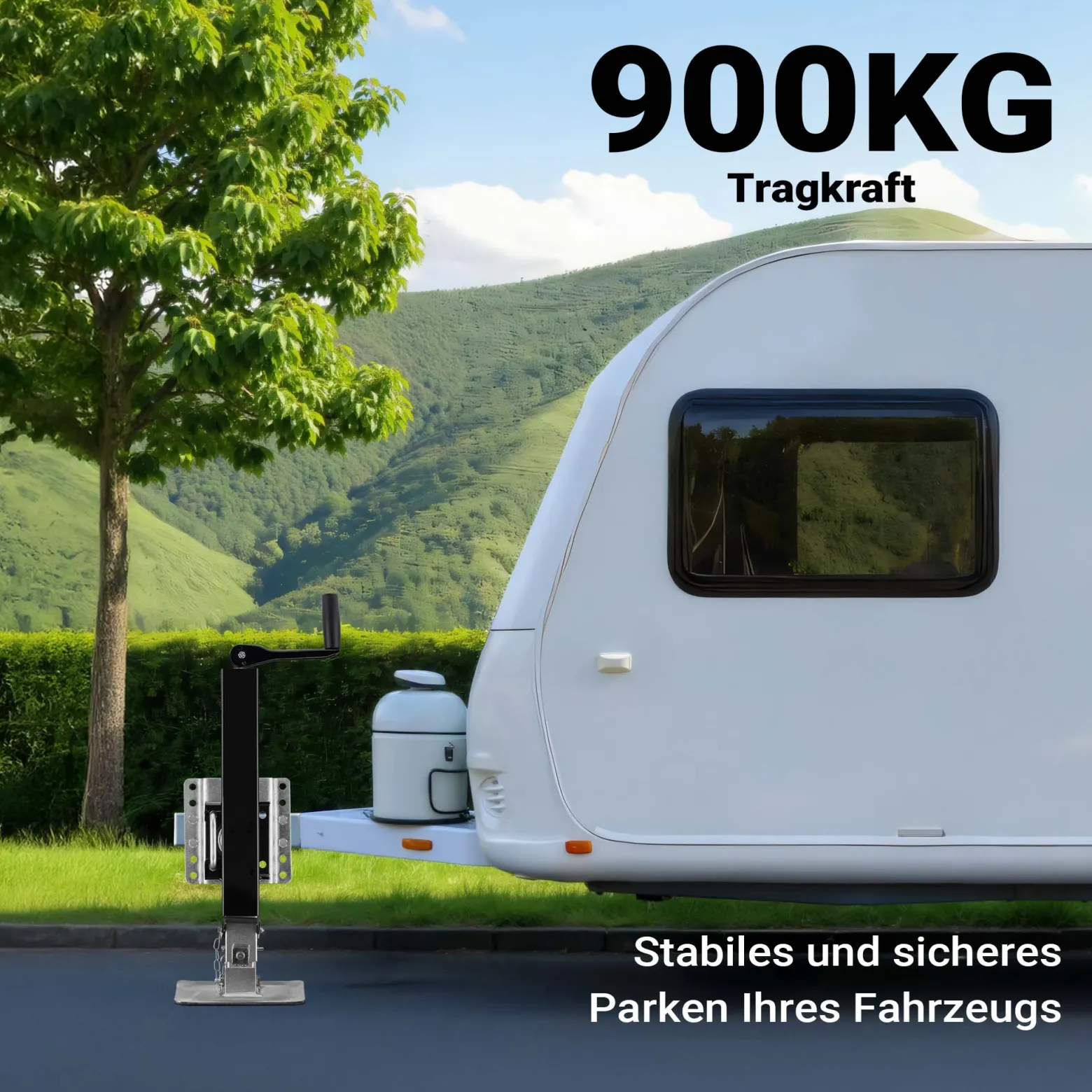 Wiltec Stützfuß 900 kg Kurbel oben mit Schwenkhalterung, höhenverstellbare Anhängerstütze mit Fußpedal, Abstellstütze für Wohnwagen und Anhänger, Wohnwagenstütze mit Sicherungsstift