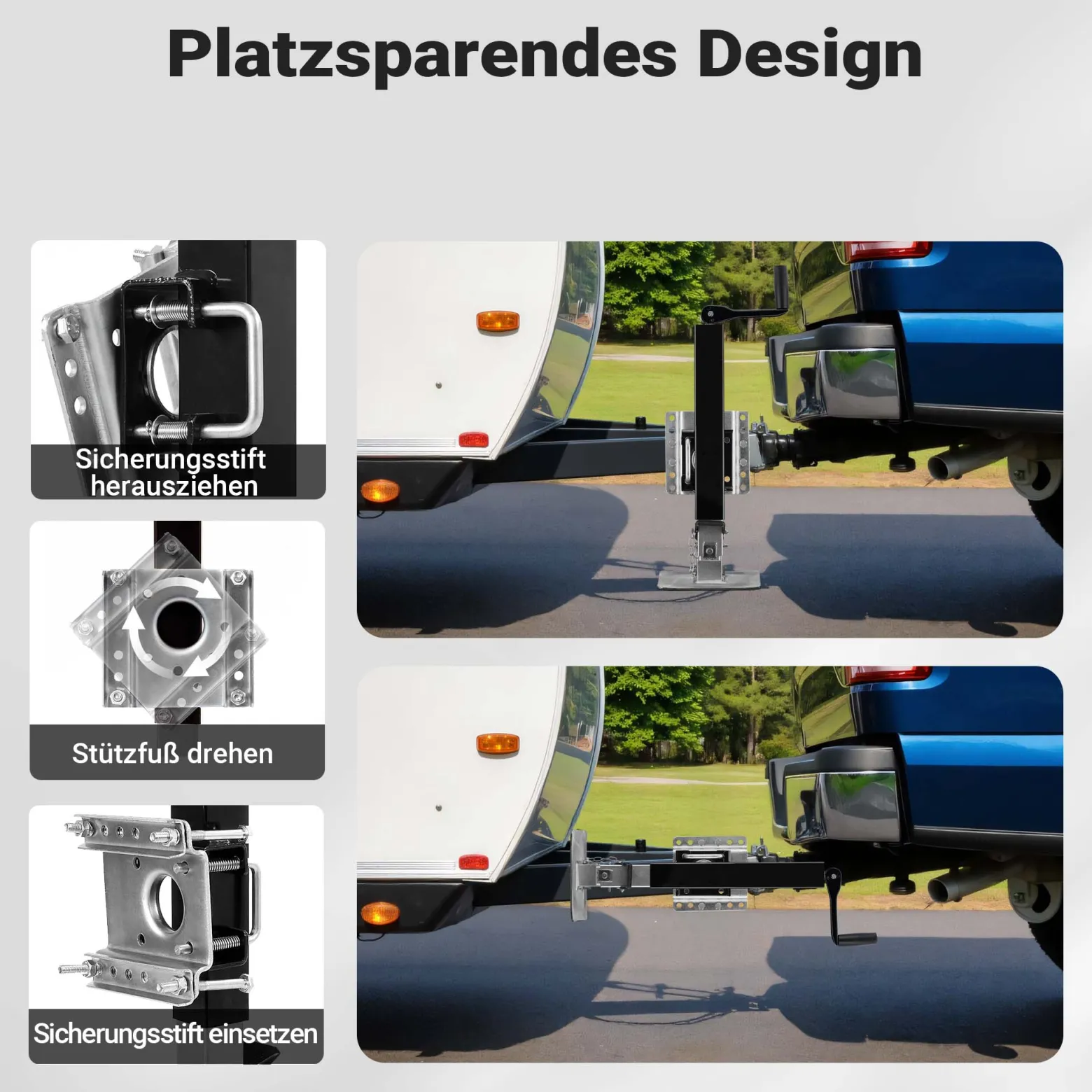 Wiltec Stützfuß 900 kg Kurbel oben mit Schwenkhalterung, höhenverstellbare Anhängerstütze mit Fußpedal, Abstellstütze für Wohnwagen und Anhänger, Wohnwagenstütze mit Sicherungsstift