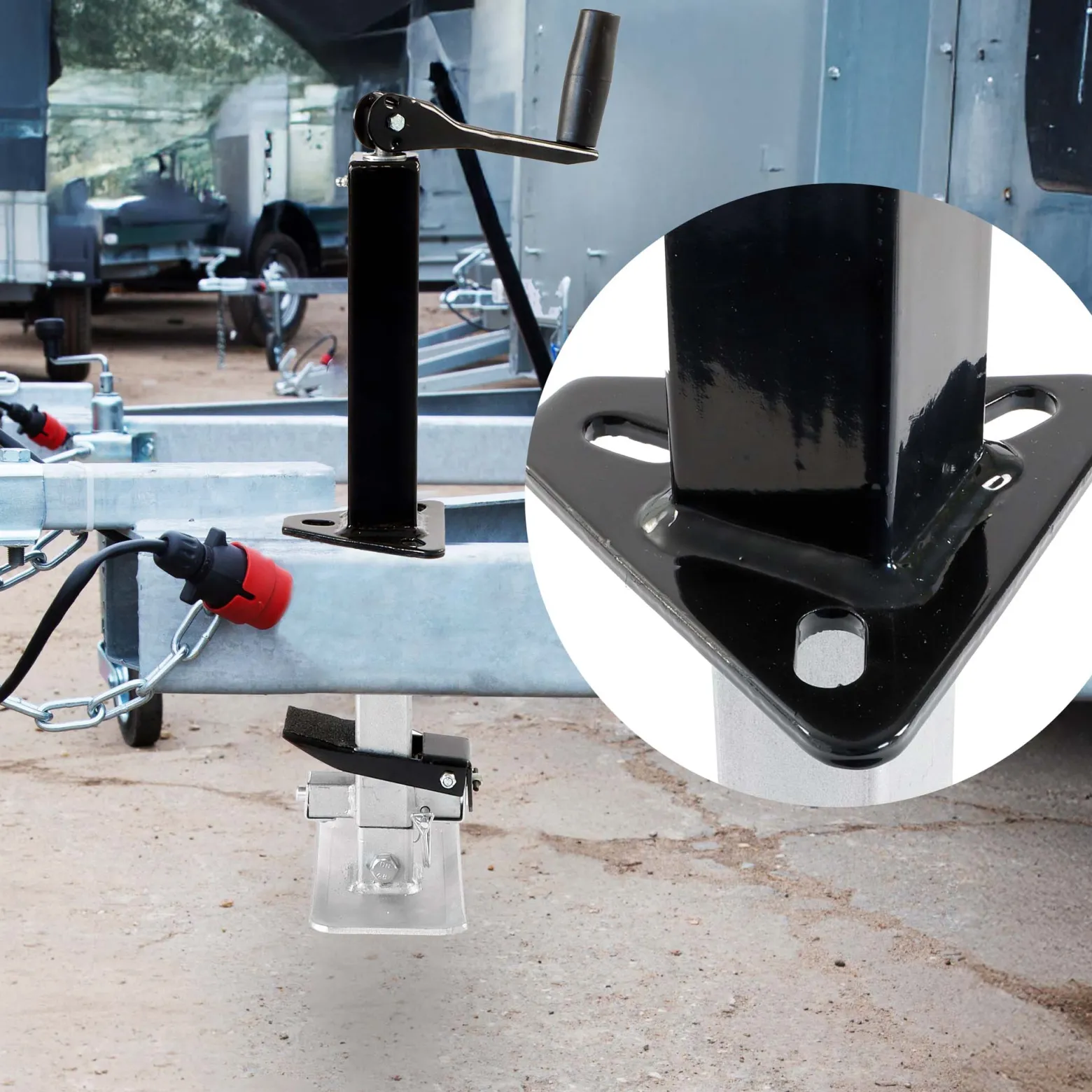 Wiltec Stützfuß 900 kg Kurbel oben mit A-Rahmen-Halterung, höhenverstellbare Anhängerstütze mit Fußpedal, Abstellstütze für Wohnwagen und Anhänger, Wohnwagenstütze mit Sicherungsstift