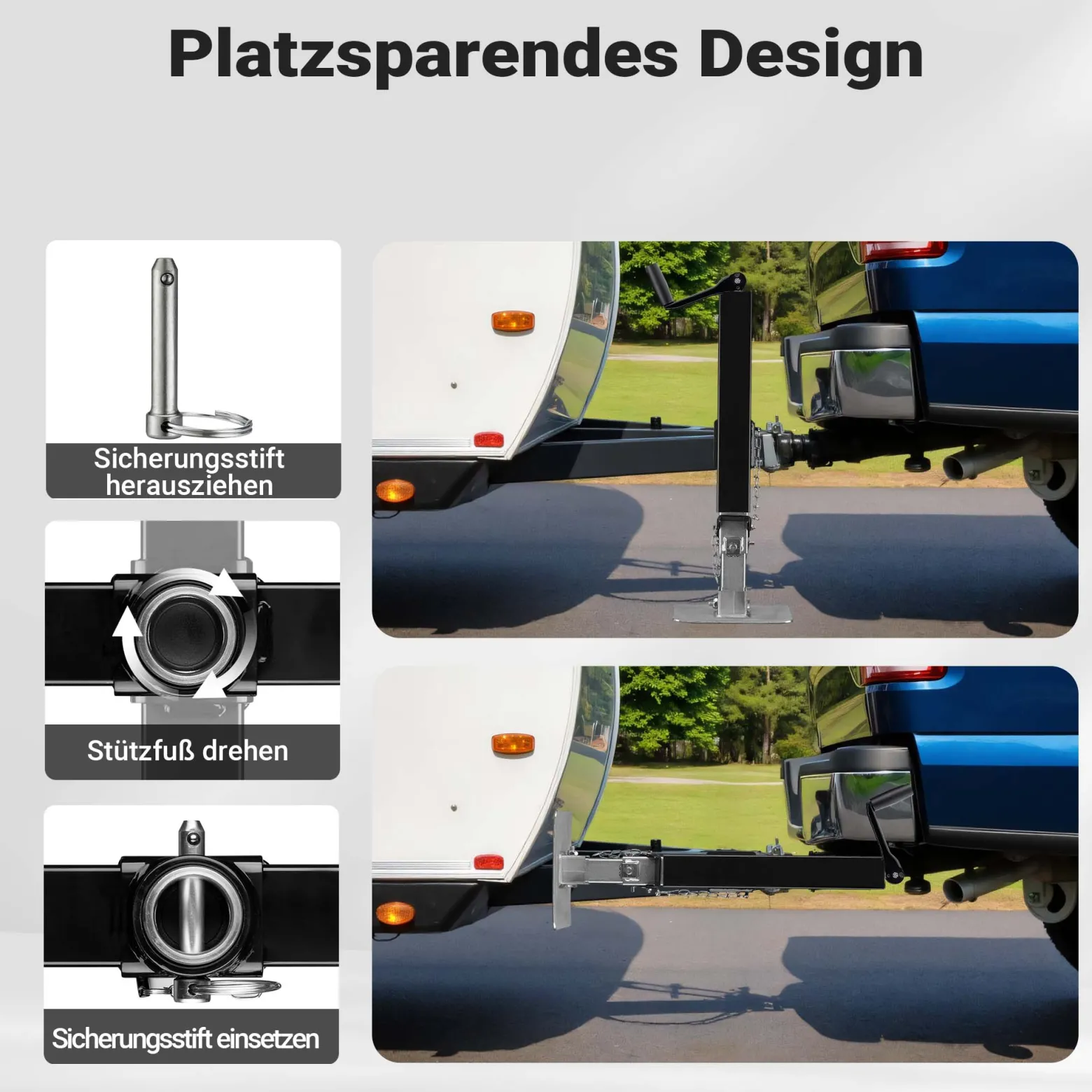 Wiltec Stützfuß 900 kg Kurbel oben mit Rohrhalterung, höhenverstellbare Anhängerstütze mit Fußpedal, Abstellstütze für Wohnwagen und Anhänger, Wohnwagenstütze mit Sicherungsstift