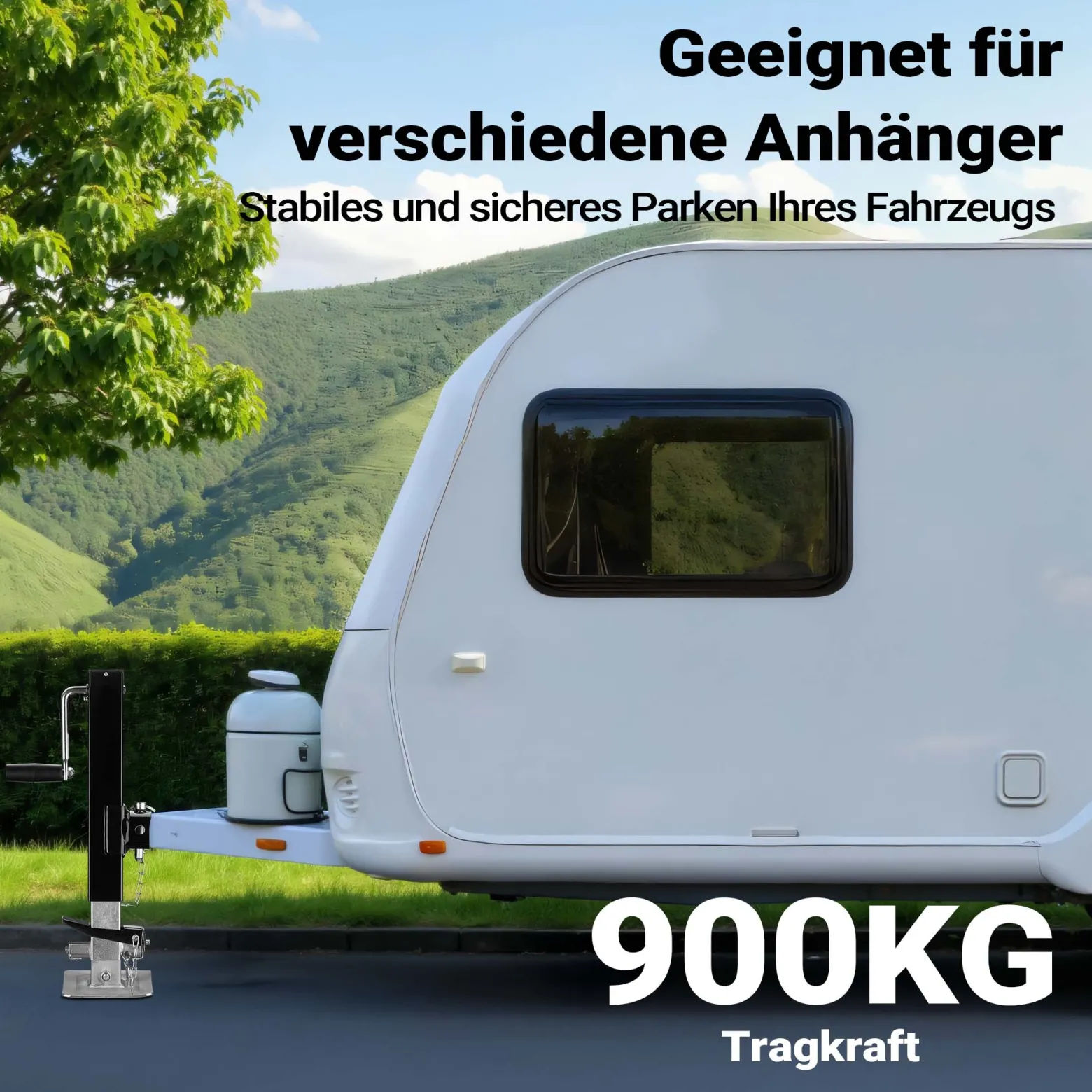 Wiltec Stützfuß 900 kg Kurbel seitlich mit Rohrhalterung, höhenverstellbare Anhängerstütze mit Fußpedal, Abstellstütze für Wohnwagen und Anhänger, Wohnwagenstütze mit Sicherungsstift