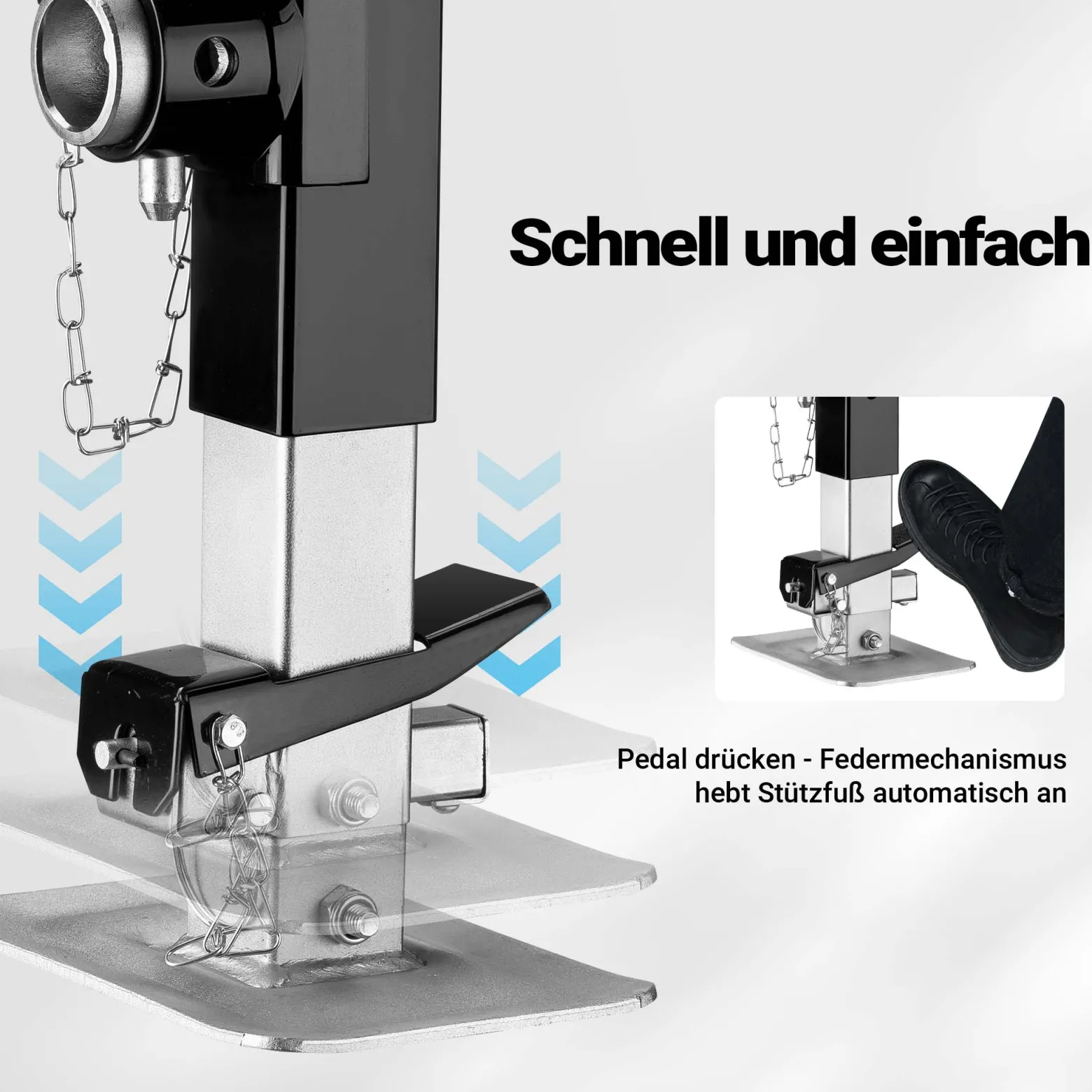 Wiltec Stützfuß 900 kg Kurbel seitlich mit Rohrhalterung, höhenverstellbare Anhängerstütze mit Fußpedal, Abstellstütze für Wohnwagen und Anhänger, Wohnwagenstütze mit Sicherungsstift