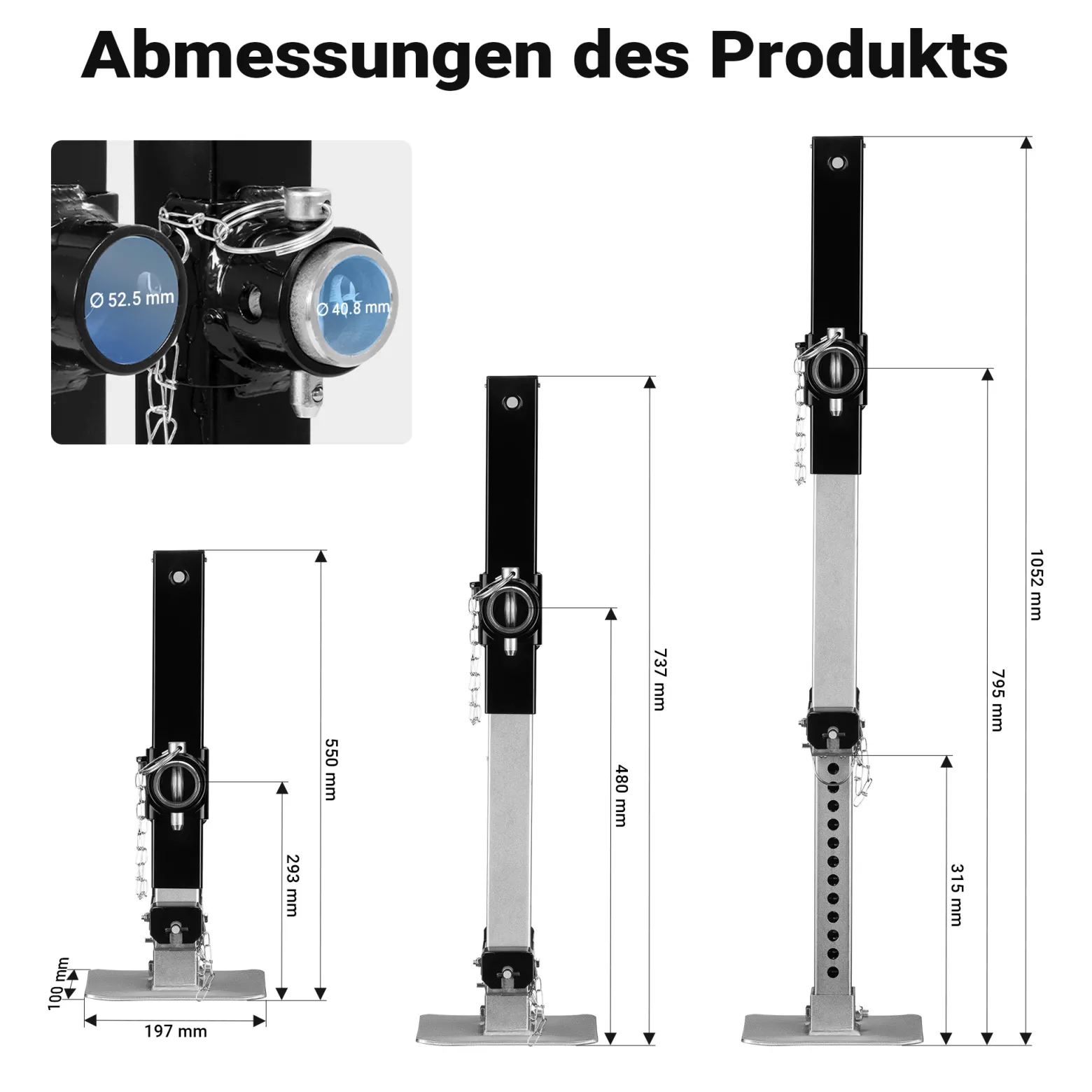 Wiltec Stützfuß 900 kg Kurbel seitlich mit Rohrhalterung, höhenverstellbare Anhängerstütze mit Fußpedal, Abstellstütze für Wohnwagen und Anhänger, Wohnwagenstütze mit Sicherungsstift