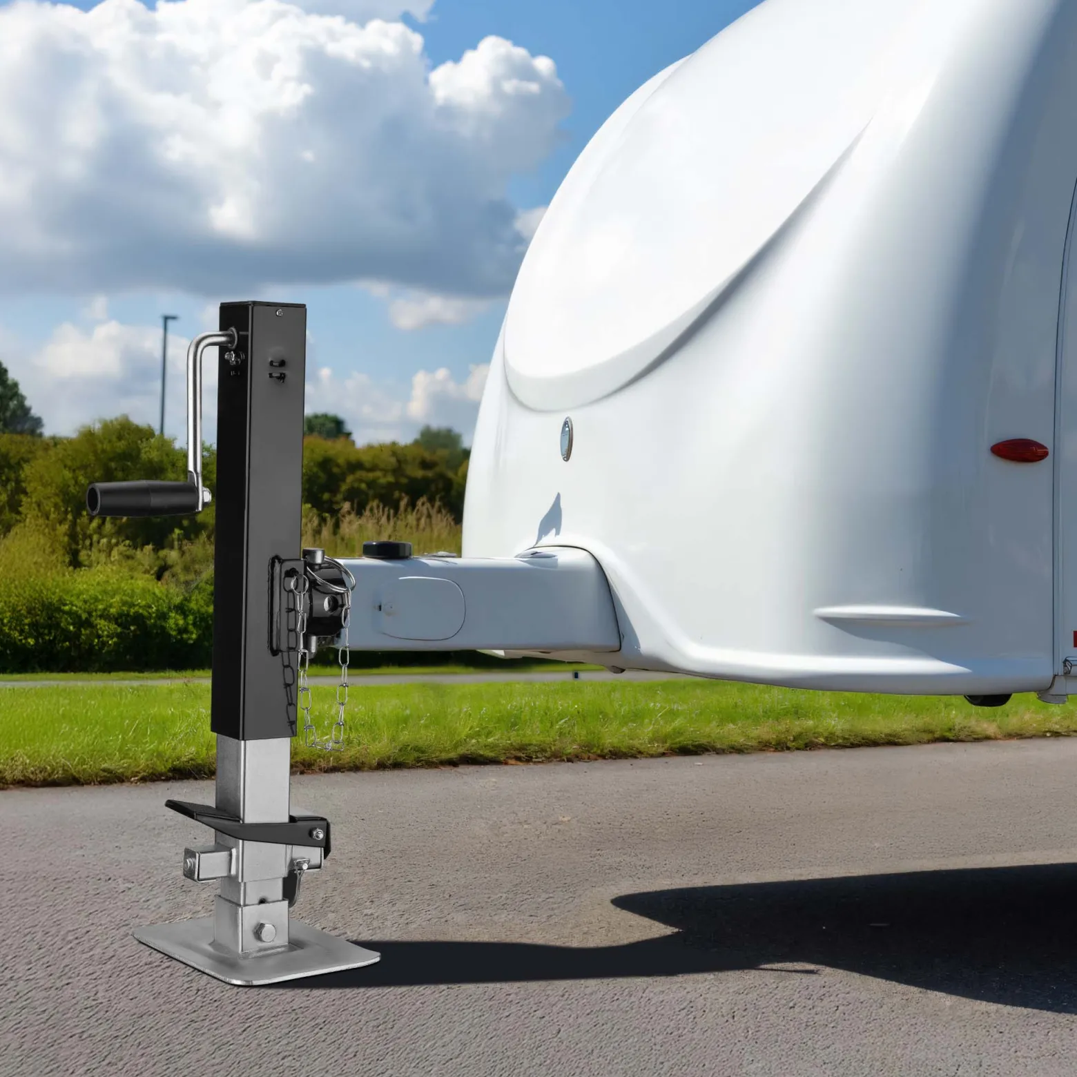 Wiltec Stützfuß 900 kg Kurbel seitlich mit Rohrhalterung, höhenverstellbare Anhängerstütze mit Fußpedal, Abstellstütze für Wohnwagen und Anhänger, Wohnwagenstütze mit Sicherungsstift