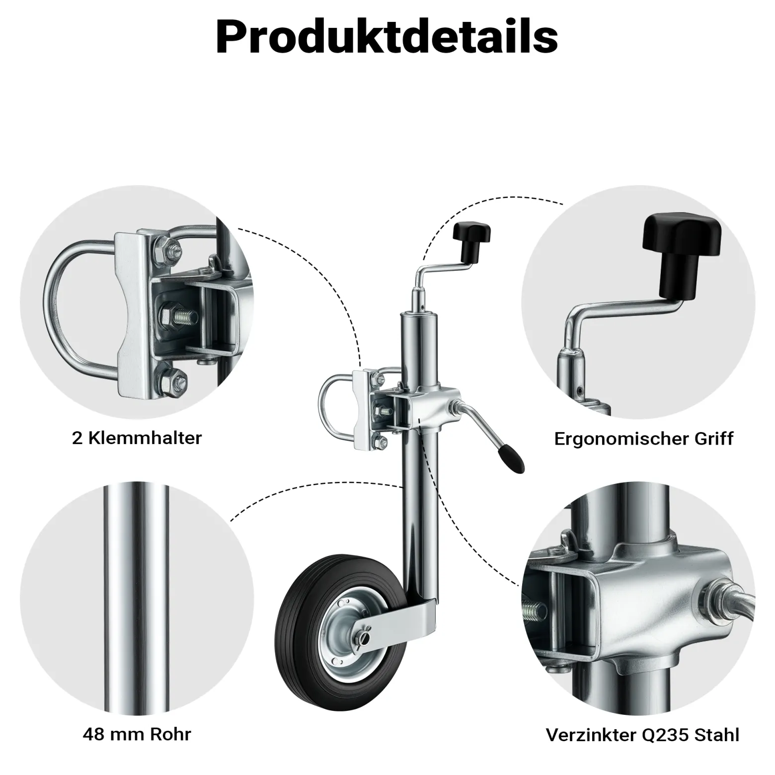 Wiltec Stützrad für Anhänger bis 362 kg ø48 mm, Bugrad inkl. Klemmhalter & Schellen, Abstellstütze mit pannensicheren Reifen
