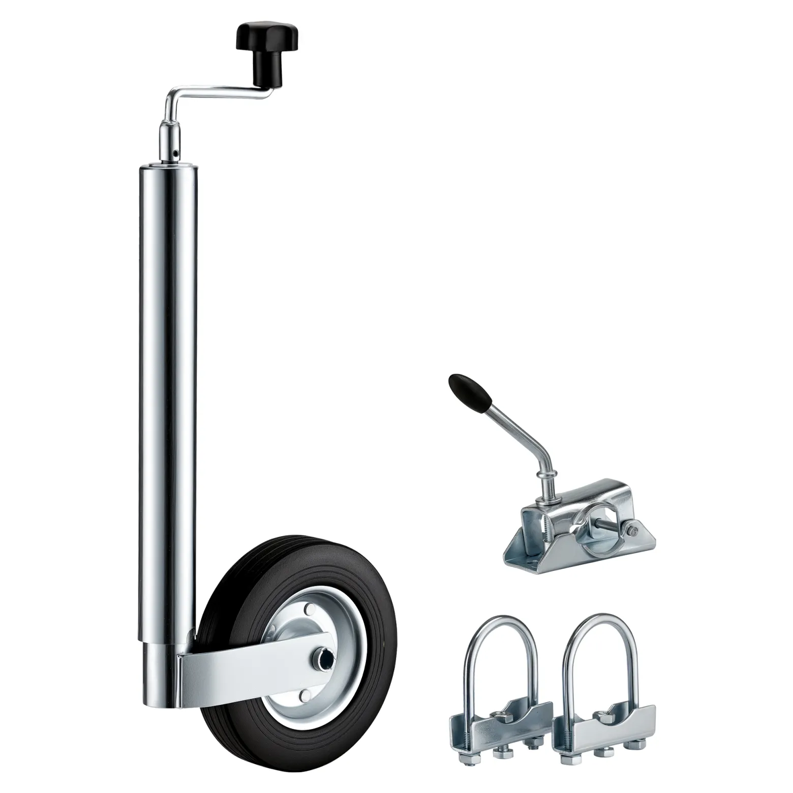 Wiltec Stützrad für Anhänger bis 362 kg ø48 mm, Bugrad inkl. Klemmhalter & Schellen, Abstellstütze mit pannensicheren Reifen