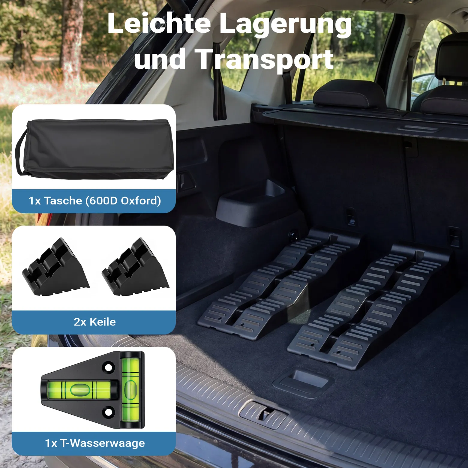 Wiltec Stufenkeile Paar 40/70/100 mm 5 t mit Stopper, Auffahrkeile 2er-Set mit 3 Höhen, Ausgleichskeile für Wohnwagen, Wohnmobil, Camper