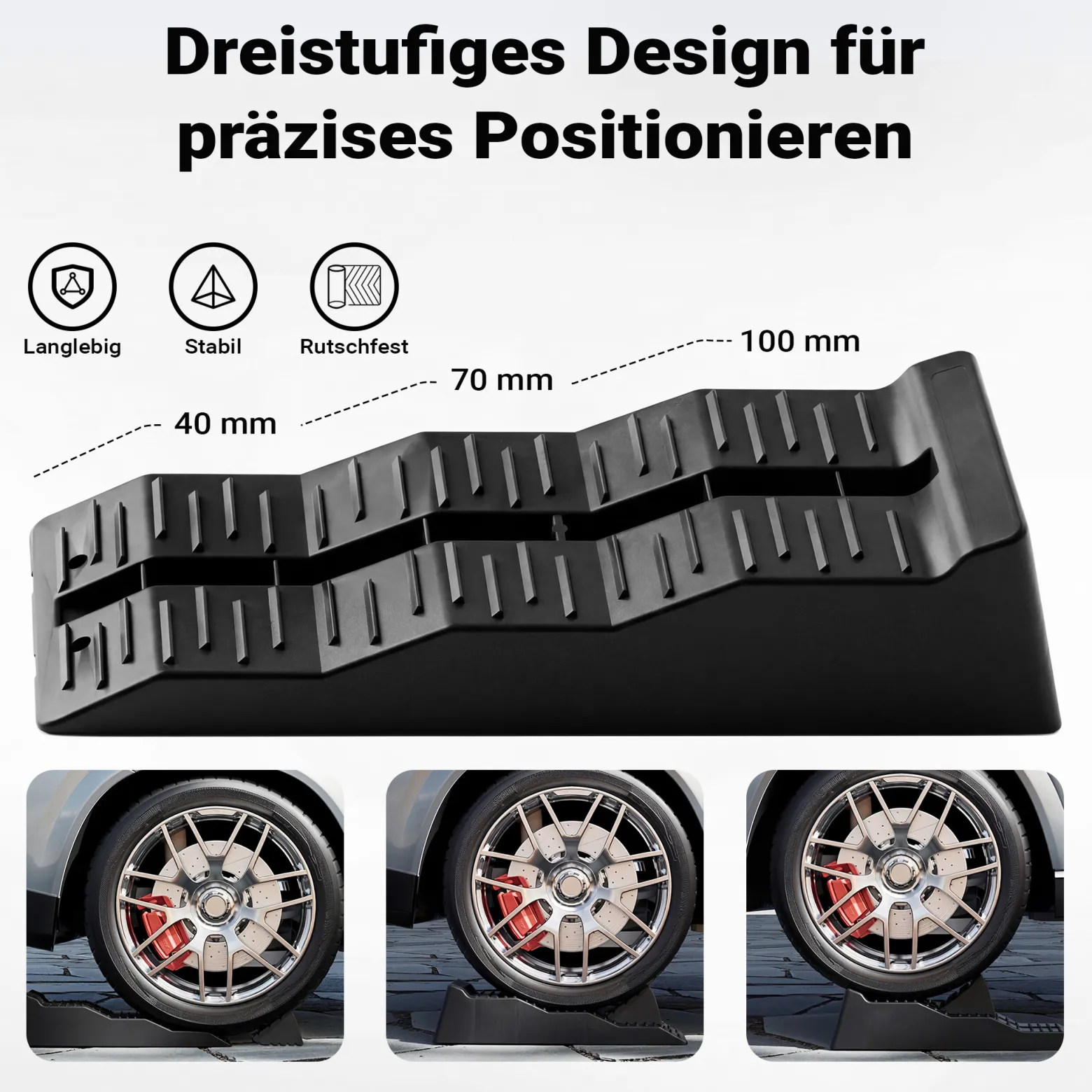 Wiltec Stufenkeile Paar 40/70/100 mm 5 t mit Stopper, Auffahrkeile 2er-Set mit 3 Höhen, Ausgleichskeile für Wohnwagen, Wohnmobil, Camper