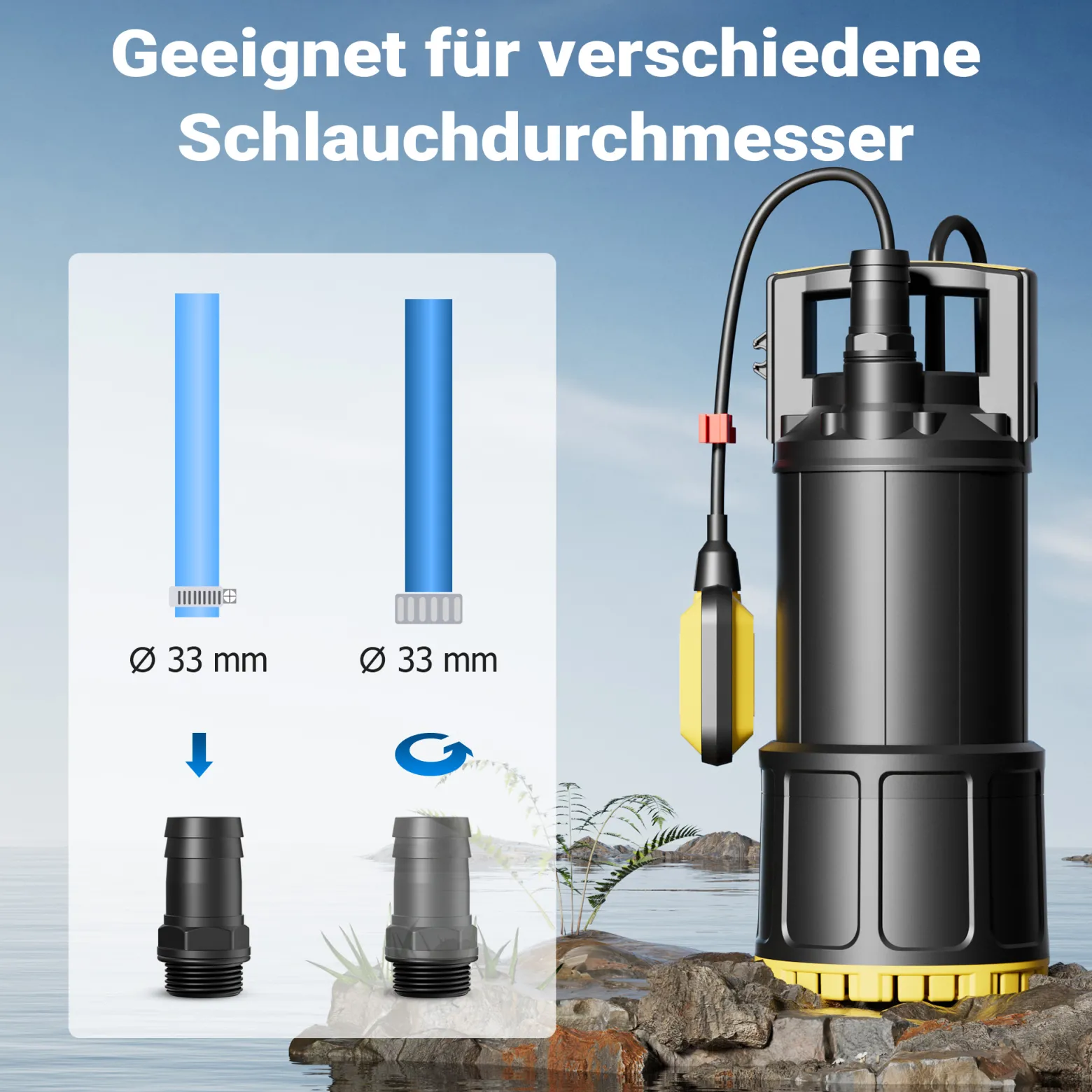 Wiltec Tauchpumpe mit Schwimmerschalter 1200 W, Tiefbrunnenpumpe bis 7 m Tiefe, Brunnenpumpe 40 m Förderhöhe, Wasserpumpe für Klarwasser