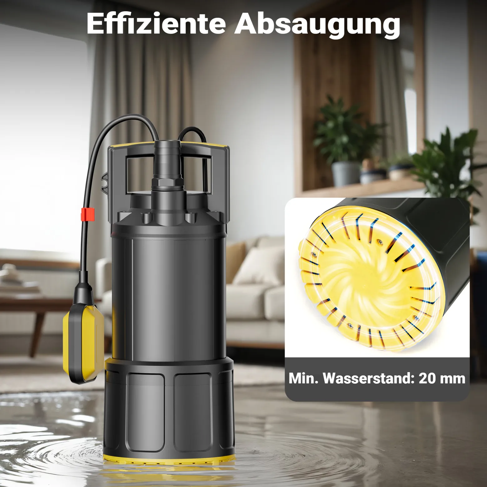 Wiltec Tauchpumpe mit Schwimmerschalter 1200 W, Tiefbrunnenpumpe bis 7 m Tiefe, Brunnenpumpe 40 m Förderhöhe, Wasserpumpe für Klarwasser
