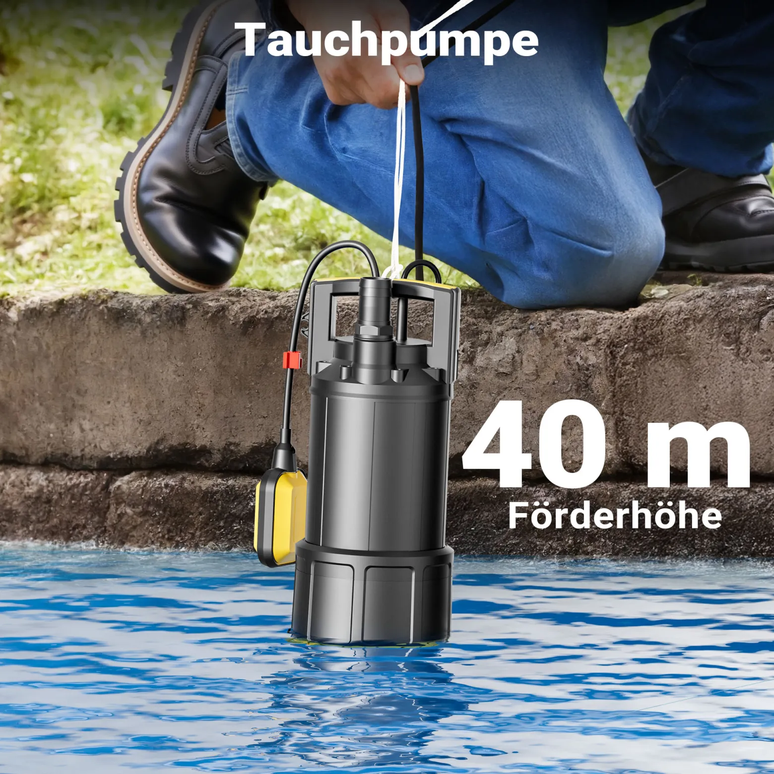 Wiltec Tauchpumpe mit Schwimmerschalter 1200 W, Tiefbrunnenpumpe bis 7 m Tiefe, Brunnenpumpe 40 m Förderhöhe, Wasserpumpe für Klarwasser