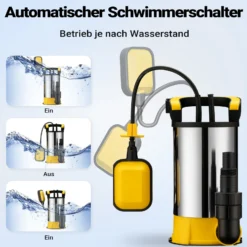 Wiltec Tauchpumpe mit Schwimmer Edelstahl 400 W, flachabsaugende Pumpe bis 1 mm, Tiefbrunnenpumpe bis 7 m Tiefe & 5 m Förderhöhe, Flachsaugerpumpe für Klarwasser