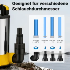 Wiltec Tauchpumpe mit Schwimmer Edelstahl 400 W, flachabsaugende Pumpe bis 1 mm, Tiefbrunnenpumpe bis 7 m Tiefe & 5 m Förderhöhe, Flachsaugerpumpe für Klarwasser