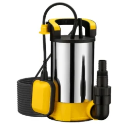 Wiltec Tauchpumpe mit Schwimmer Edelstahl 400 W, flachabsaugende Pumpe bis 1 mm, Tiefbrunnenpumpe bis 7 m Tiefe & 5 m Förderhöhe, Flachsaugerpumpe für Klarwasser
