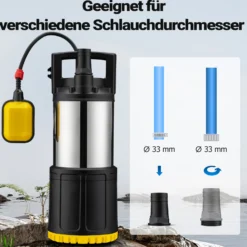 Wiltec Tauchpumpe mit Schwimmerschalter 850 W, Tiefbrunnenpumpe bis 7 m Tiefe, Brunnenpumpe 20 m Förderhöhe, Wasserpumpe für Klarwasser