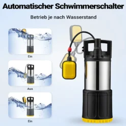 Wiltec Tauchpumpe mit Schwimmerschalter 850 W, Tiefbrunnenpumpe bis 7 m Tiefe, Brunnenpumpe 20 m Förderhöhe, Wasserpumpe für Klarwasser