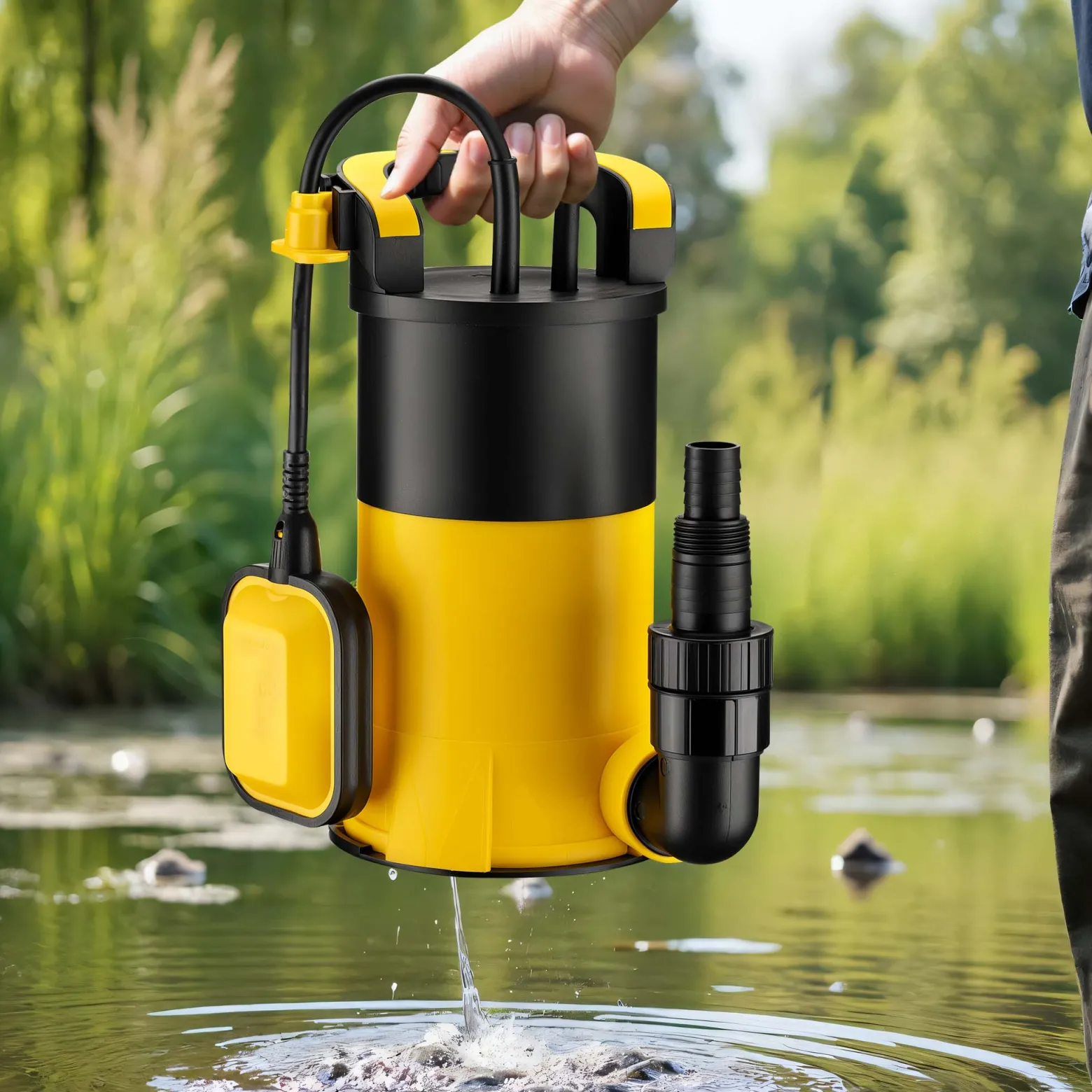 Wiltec Tauchpumpe mit Schwimmer 900 W, flachabsaugende Pumpe bis 1 mm, Tiefbrunnenpumpe 9 m Förderhöhe und 7 m Tiefe, Flachsaugerpumpe für Klarwasser