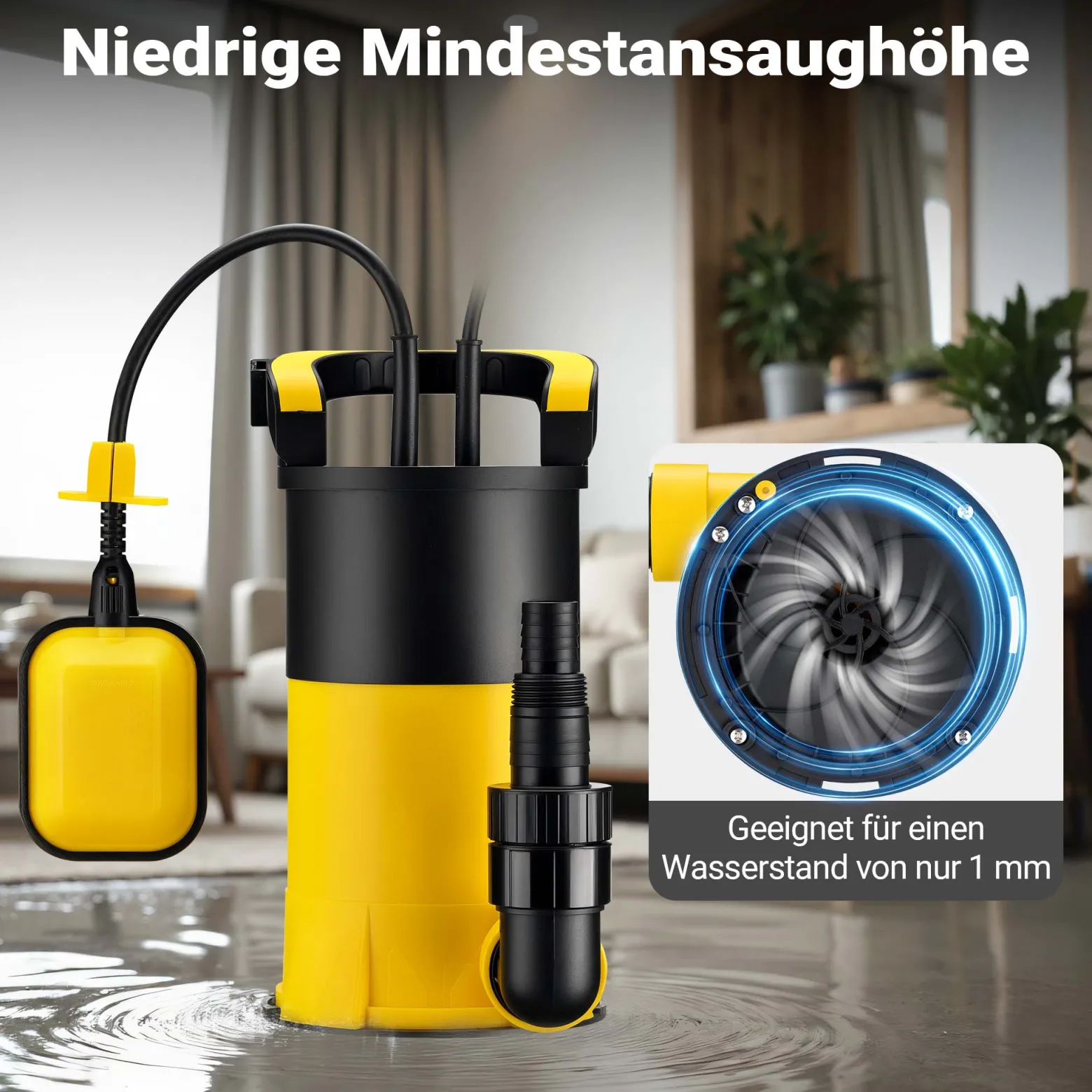 Wiltec Tauchpumpe mit Schwimmer 900 W, flachabsaugende Pumpe bis 1 mm, Tiefbrunnenpumpe 9 m Förderhöhe und 7 m Tiefe, Flachsaugerpumpe für Klarwasser