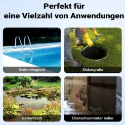 Wiltec Tauchpumpe mit Schwimmer Edelstahl 900 W, flachabsaugende Pumpe bis 1 mm, Tiefbrunnenpumpe bis 7 m Tiefe & 9 m Förderhöhe, Flachsaugerpumpe für Klarwasser