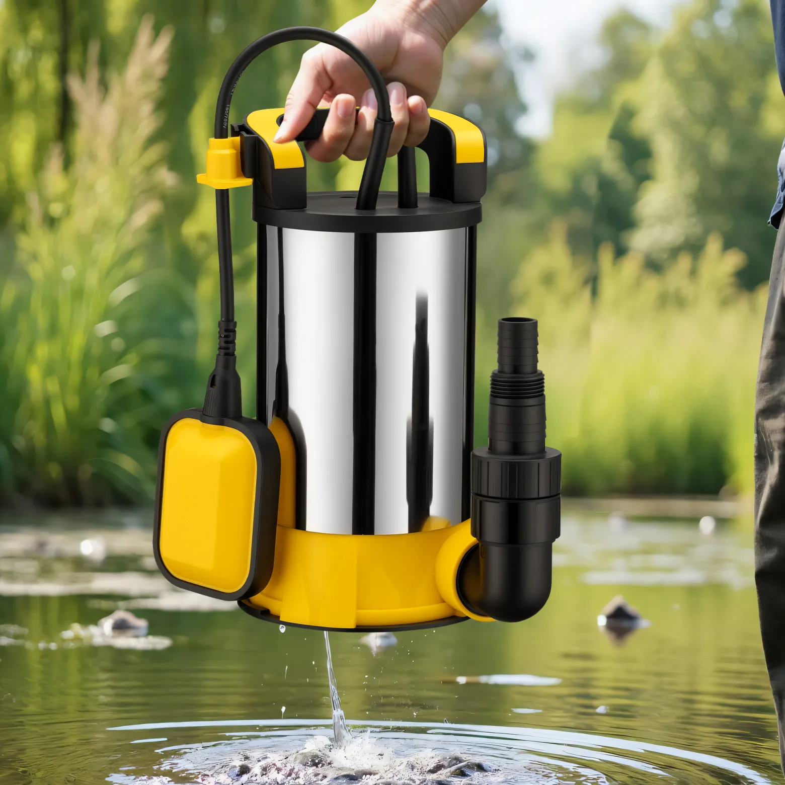 Wiltec Tauchpumpe mit Schwimmer Edelstahl 900 W, flachabsaugende Pumpe bis 1 mm, Tiefbrunnenpumpe bis 7 m Tiefe & 9 m Förderhöhe, Flachsaugerpumpe für Klarwasser
