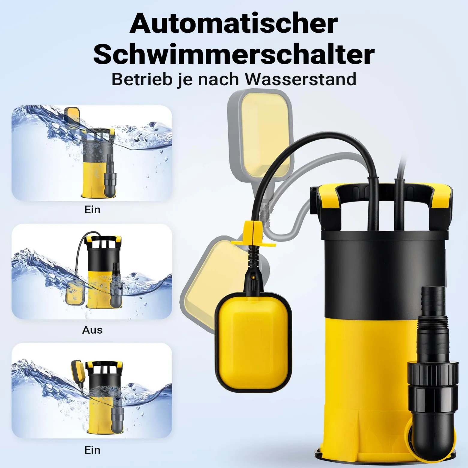 Wiltec Tauchpumpe mit Schwimmer 550 W, flachabsaugende Pumpe bis 1 mm, Tiefbrunnenpumpe 7 m Förderhöhe und 7 m Tiefe, Flachsaugerpumpe für Klarwasser
